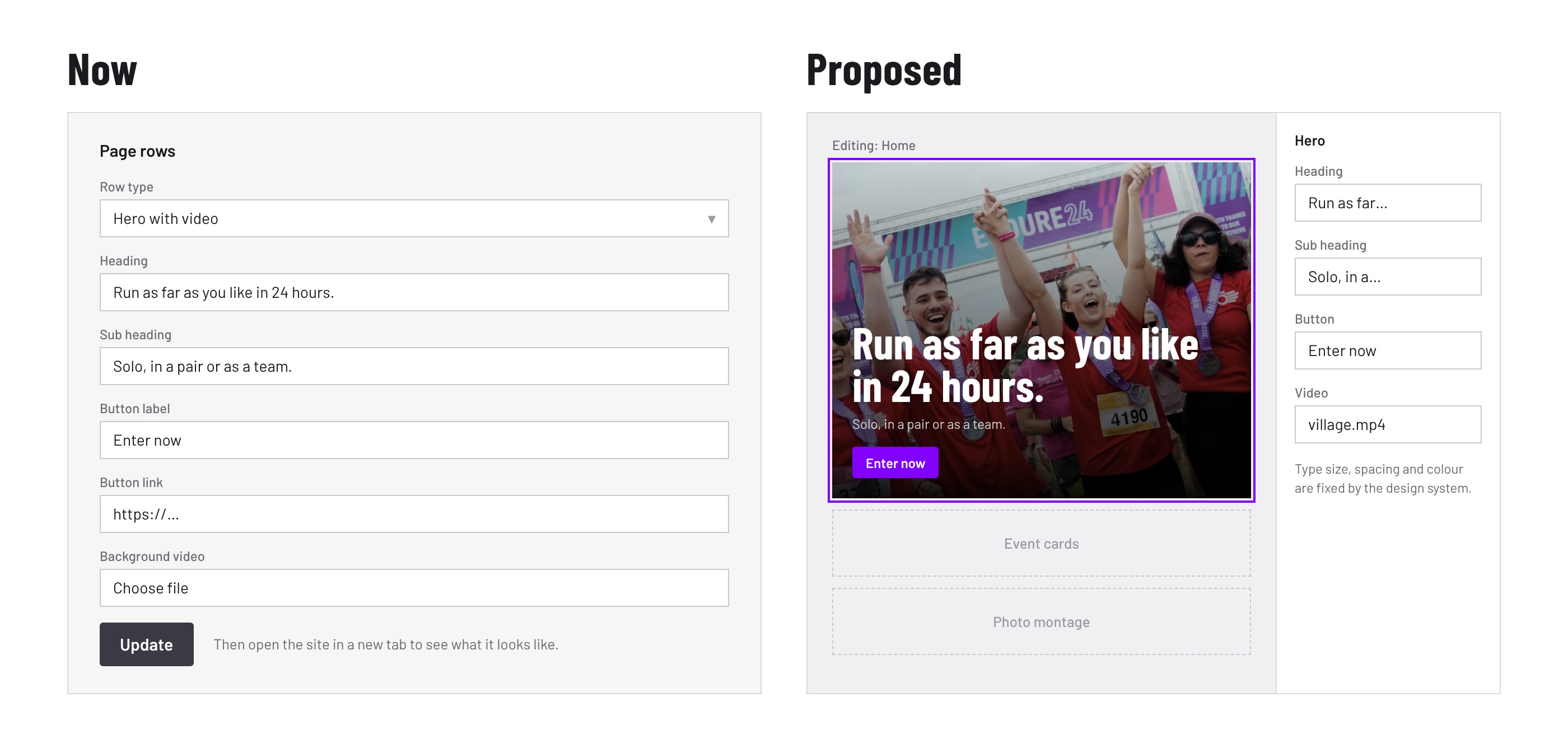 Editing a hero section now, as a form, and as proposed, in the page