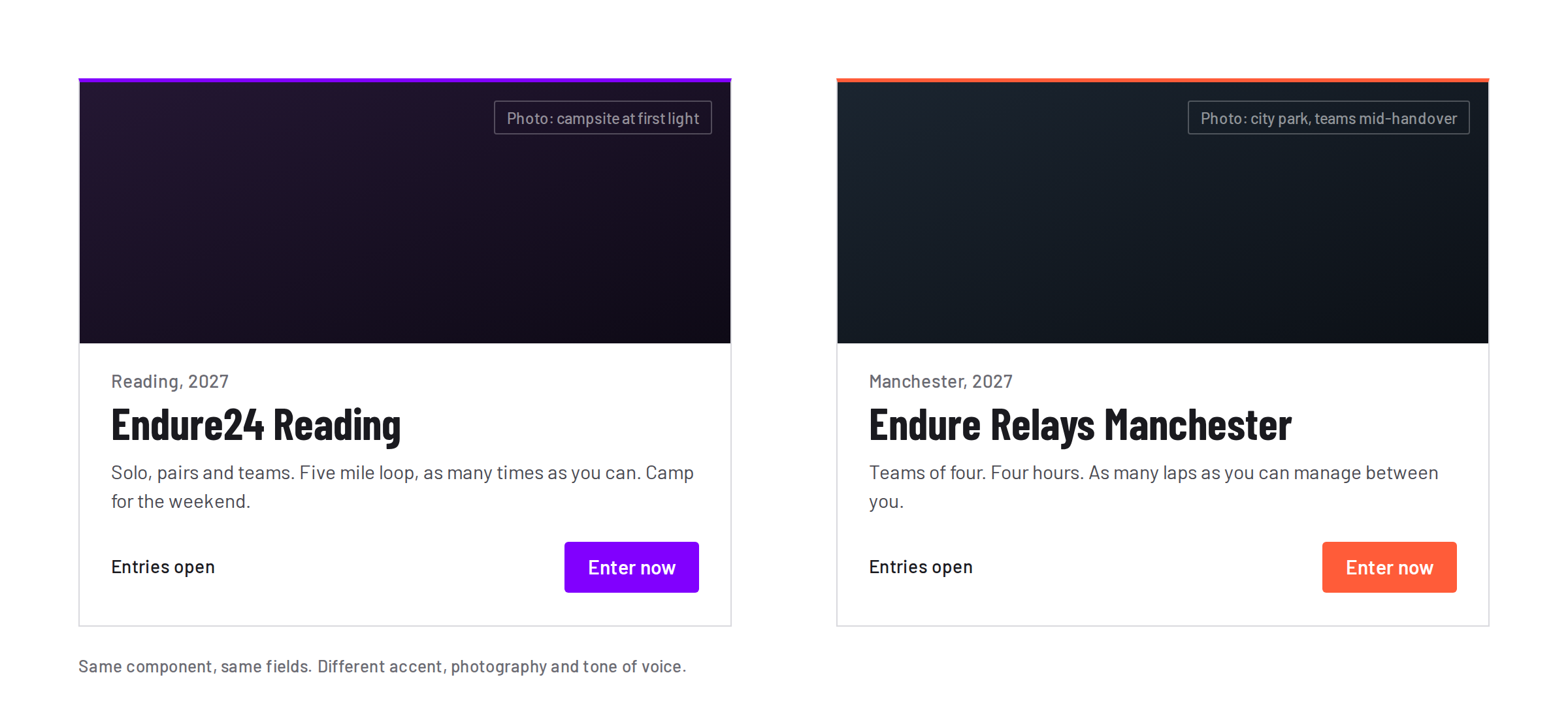The same event card component in Endure24 and Endure Relays treatments